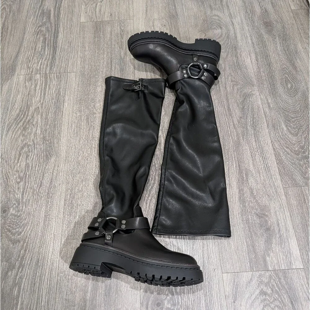 Steve Madden Lawful Over-The-Knee Harness Boots Moto Lug Sole NEW Size 9